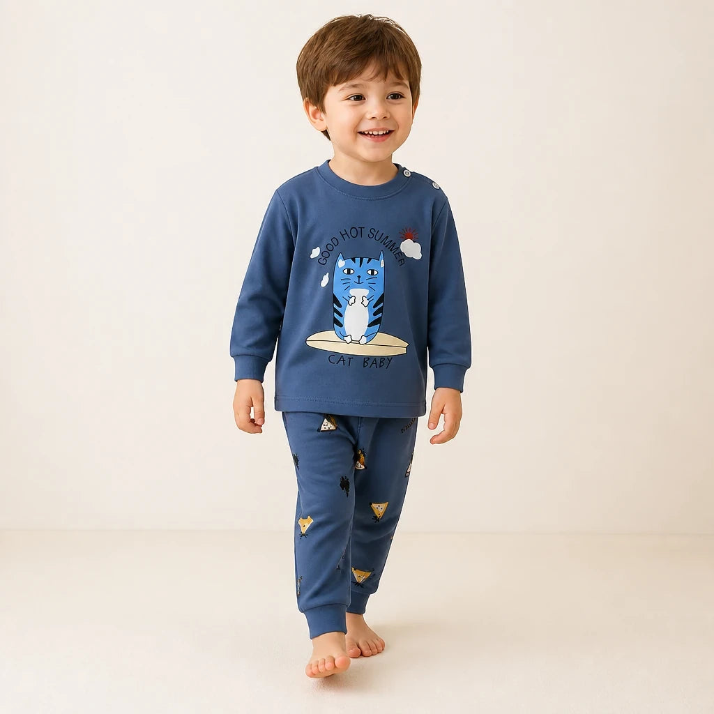 Conjunto de moletom infantil azul com estampa de gato, algodão macio para noites confortáveis e seguras