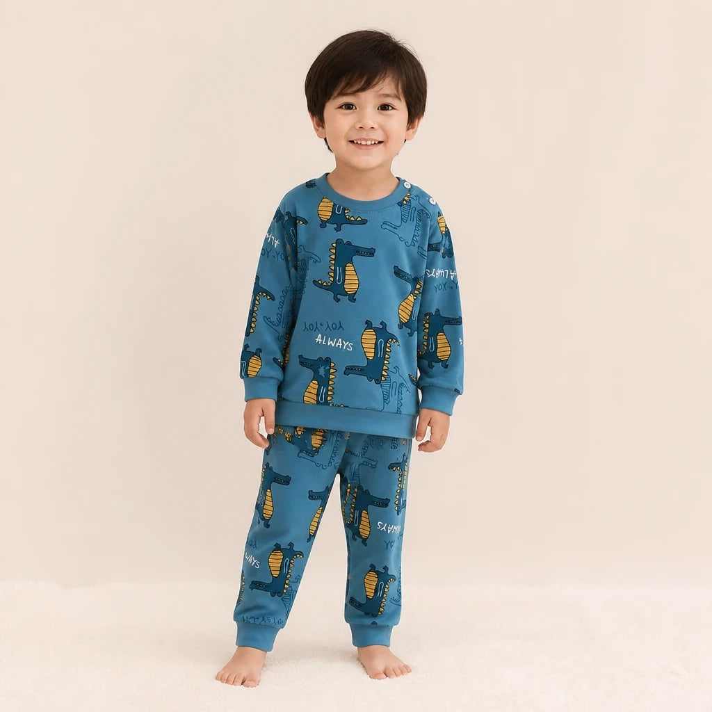 Conjunto de moletom infantil dinossauro em algodão macio, confortável e durável para noites e brincadeiras