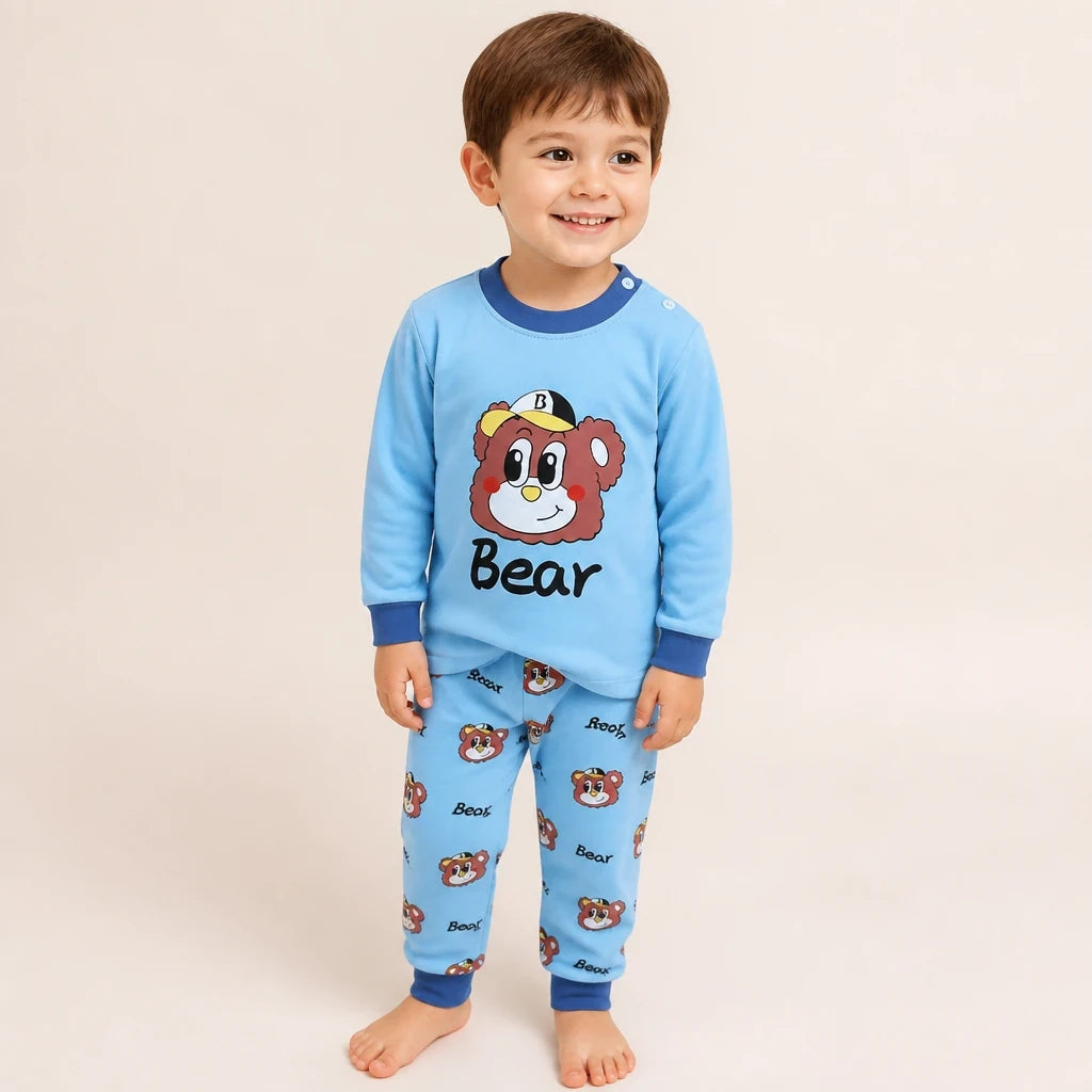 Conjunto de moletom infantil manga longa azul com urso, tecido macio e seguro para noites confortáveis