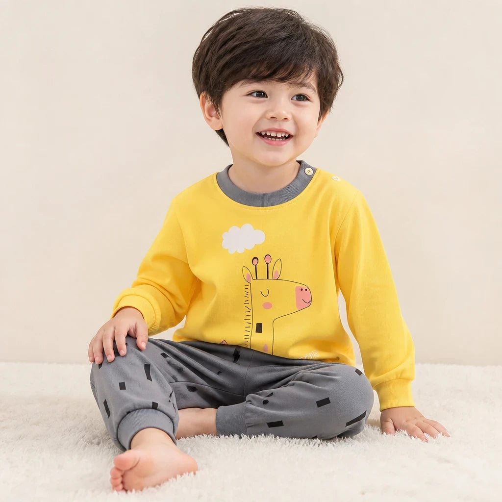 Conjunto de moletom infantil macio de manga longa com estampa girafa conforto e segurança para noites e brincadeiras