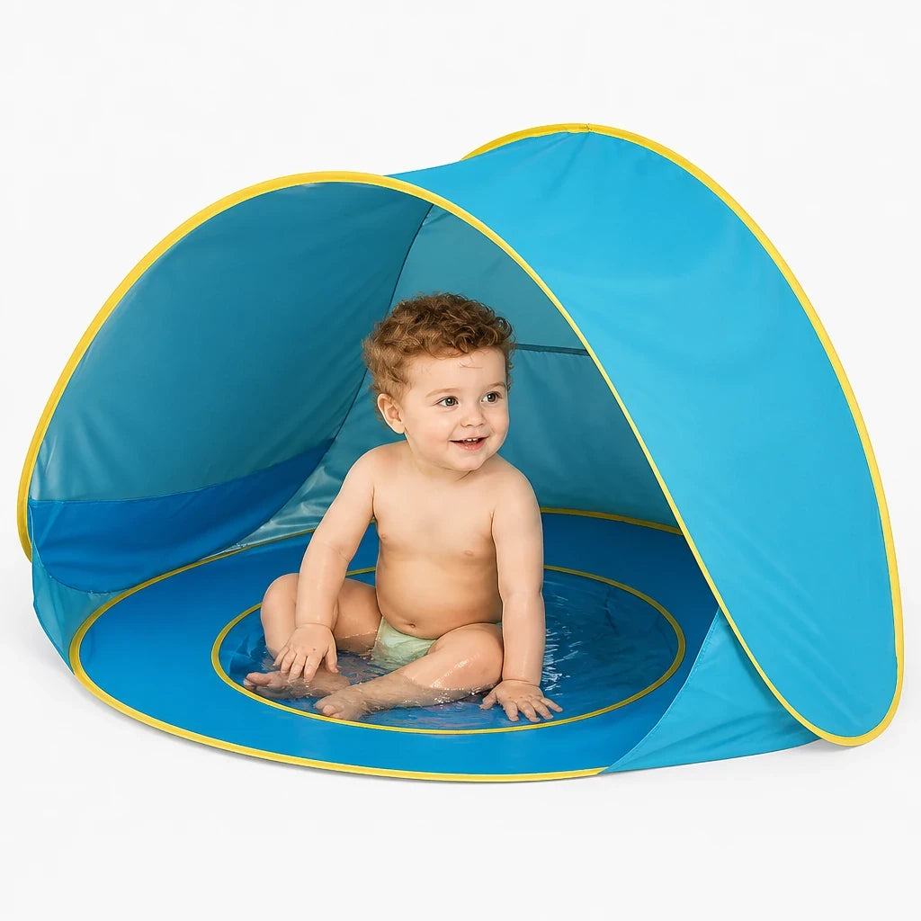 Cabana infantil com piscina portátil e proteção UV, conforto e segurança para bebê na praia e em casa