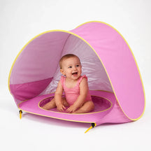 Cabana infantil com proteção UV e piscina portátil rosa, conforto e segurança para bebês na praia