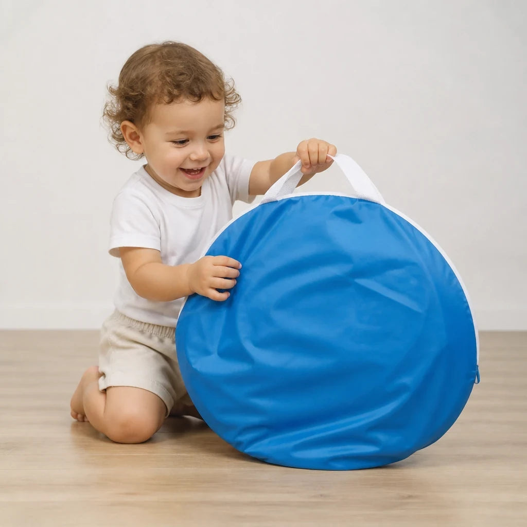 Cabana infantil dobrável com bolsa azul, proteção UV e piscina portátil ideal para conforto e segurança na praia