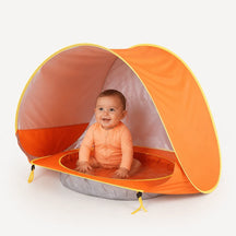 Cabana infantil com proteção UV e piscina portátil laranja, conforto e segurança para bebê na praia