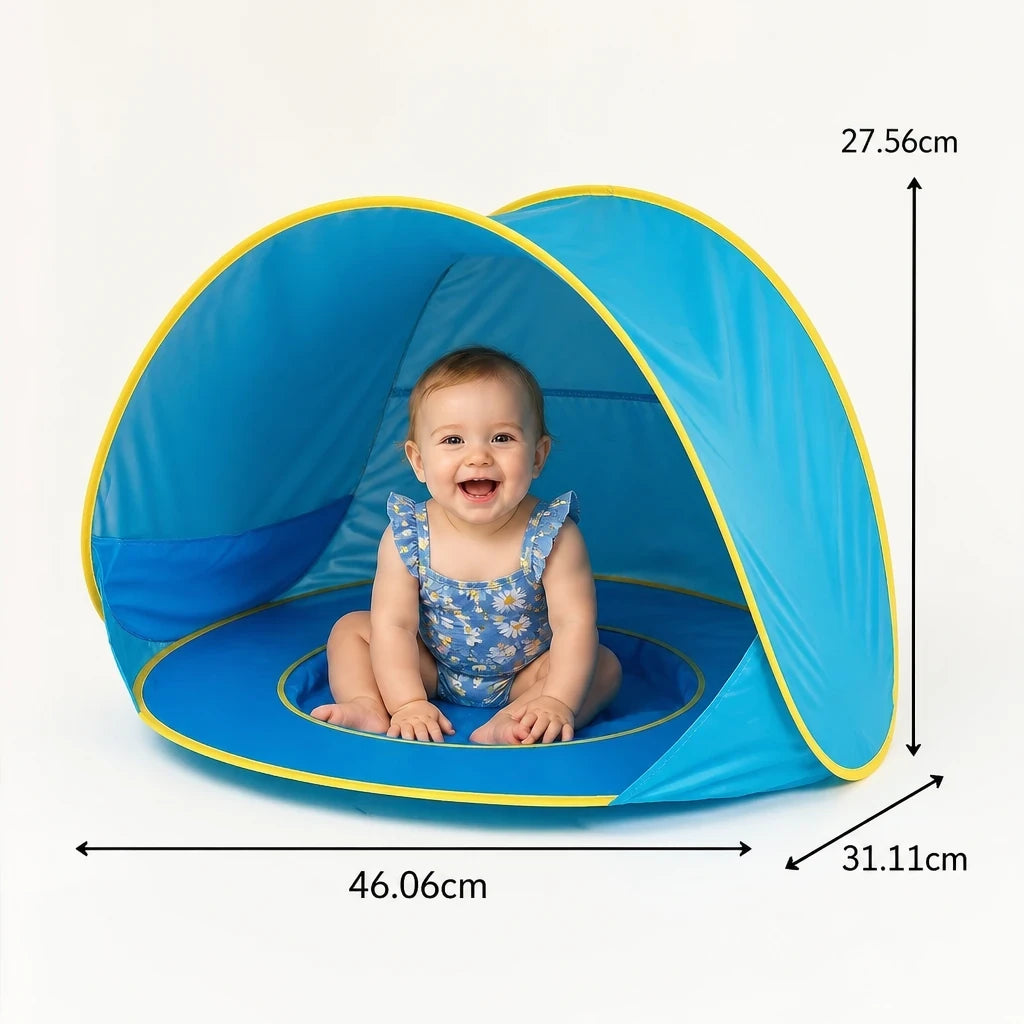 Cabana infantil com proteção UV e piscina portátil, conforto e segurança para bebê na praia