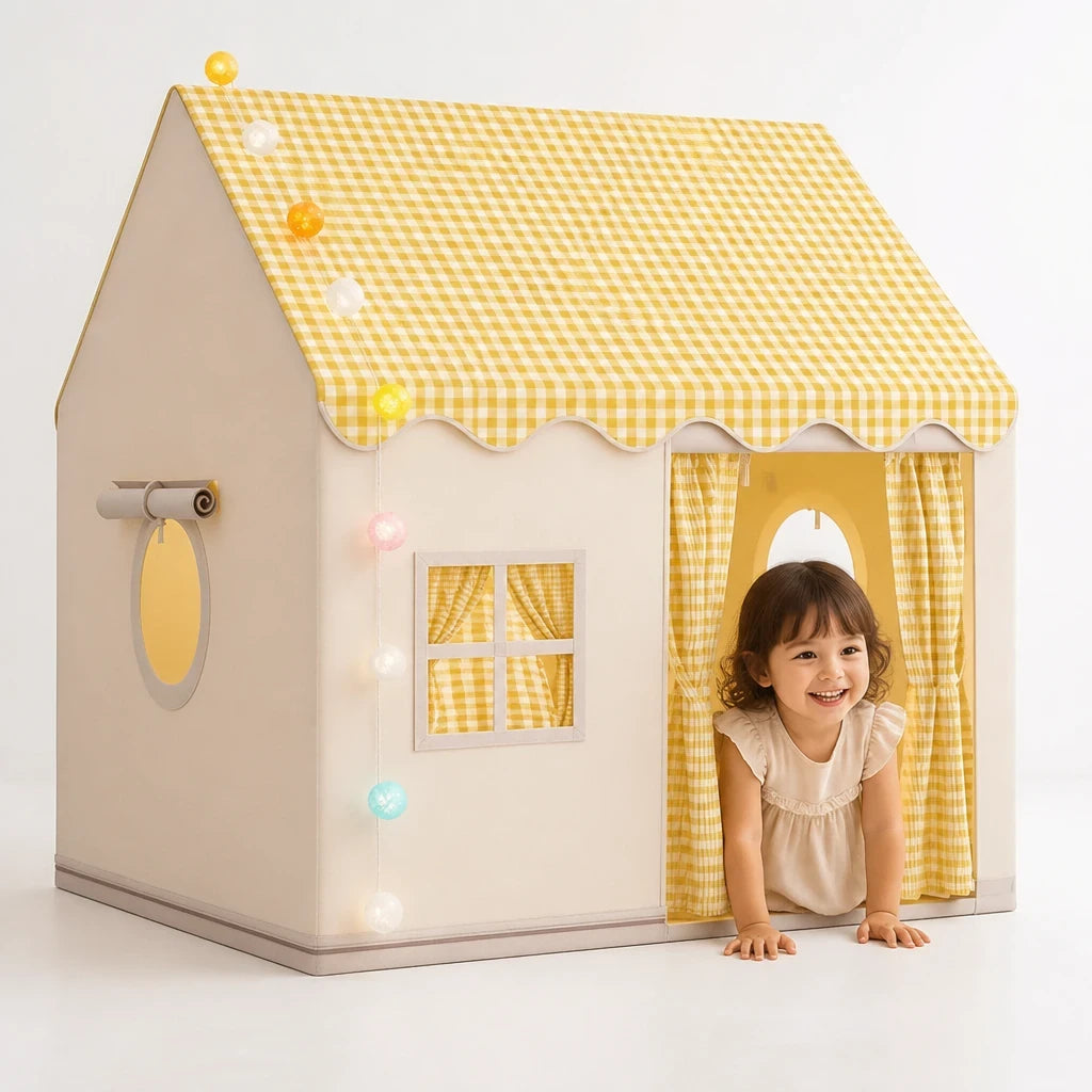 Cabana infantil dobrável estilo castelo amarelo xadrez, confortável e segura, cantinho de brincar durável para crianças