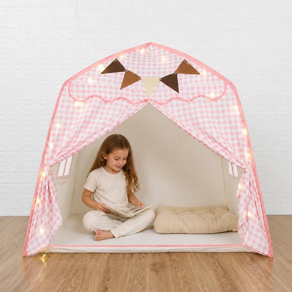 Cabana infantil dobrável rosa com luzes e janela, aconchegante e segura para brincar e ler