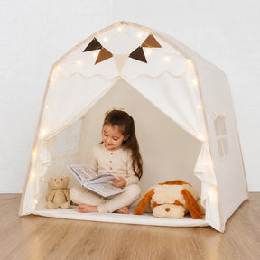 Cabana infantil dobrável com janela e luzes, espaço aconchegante e seguro para brincar e ler