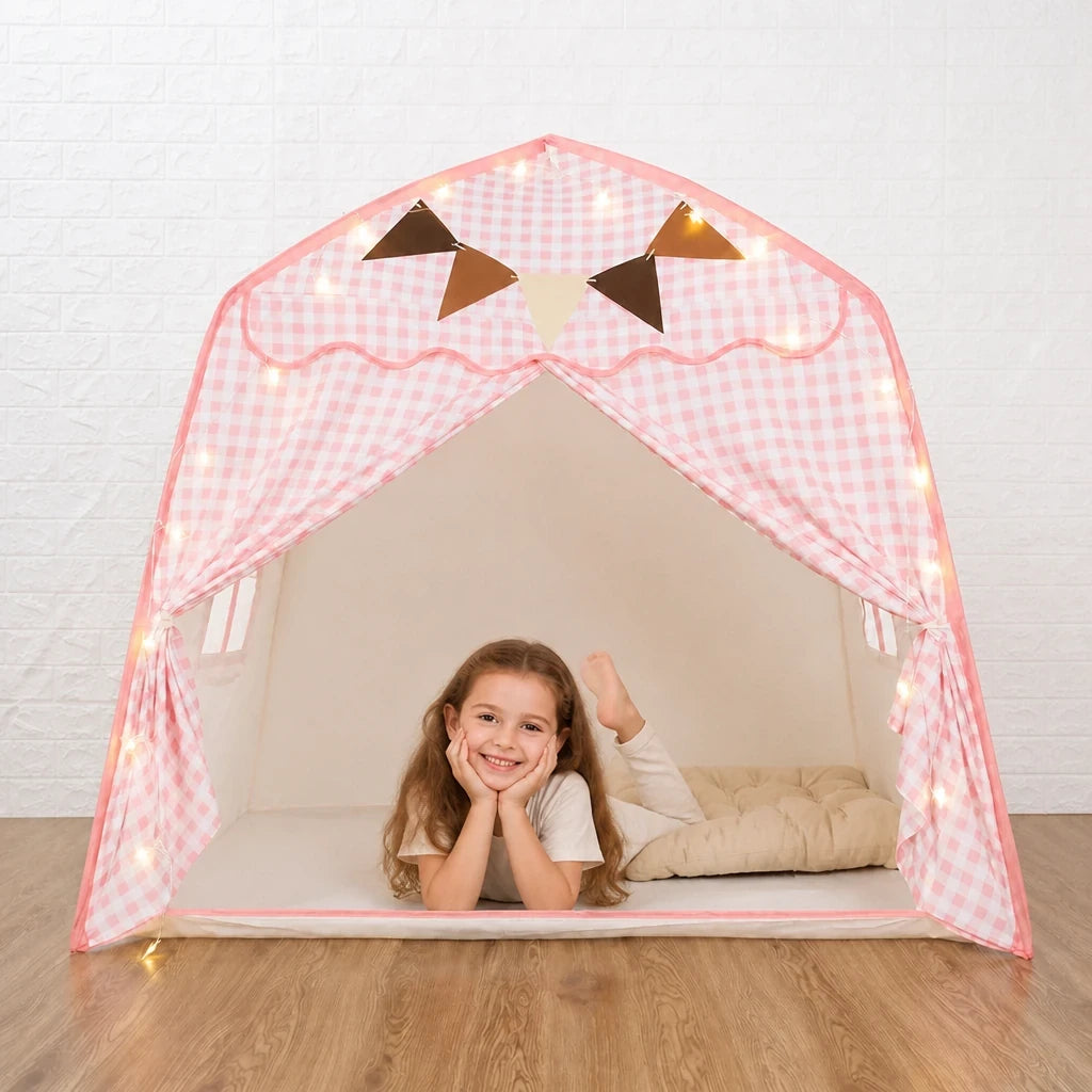 Cabana infantil dobrável rosa com luzes e janela, refúgio seguro e confortável para brincar e dormir