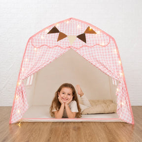 Cabana infantil dobrável rosa com luzes e janela, refúgio seguro e confortável para brincar e dormir