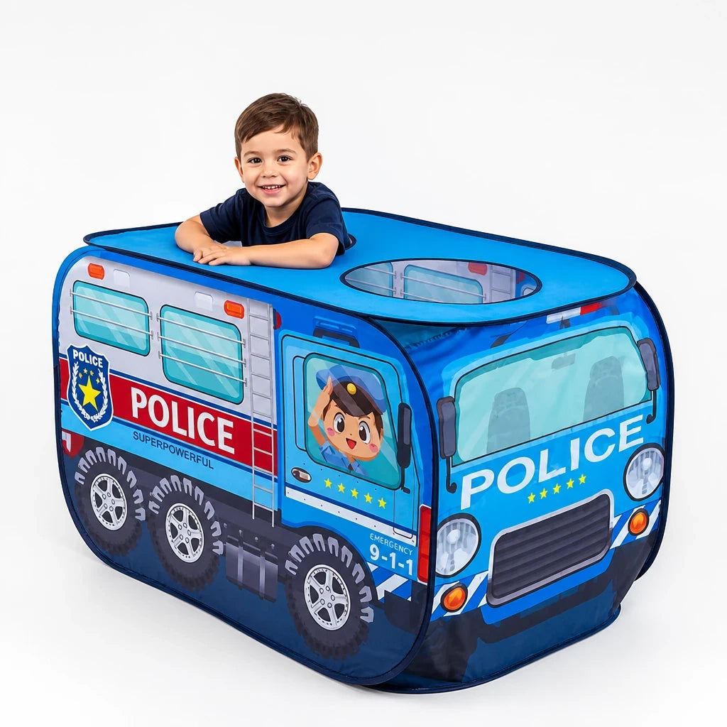 Cabana infantil dobrável em formato de carro policial, confortável e segura para brincadeiras divertidas em casa