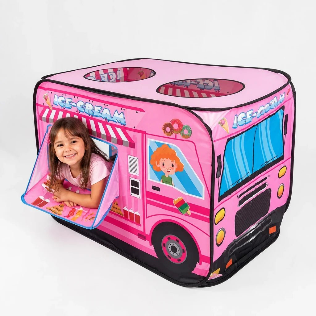 Cabana infantil dobrável formato caminhão de sorvete rosa, diversão segura e confortável para brincar em casa