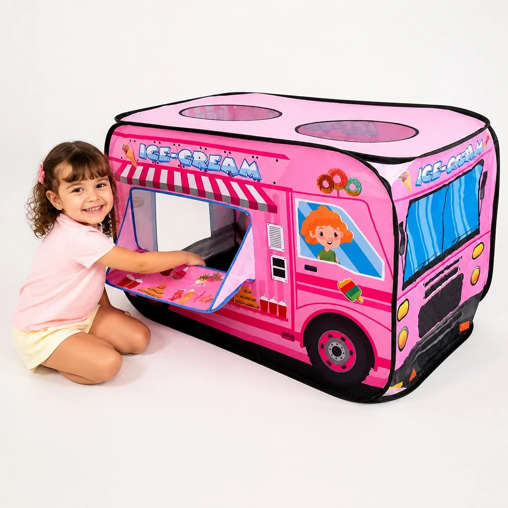 Cabana infantil dobrável em formato de caminhão de sorvete, diversão segura e conforto para crianças