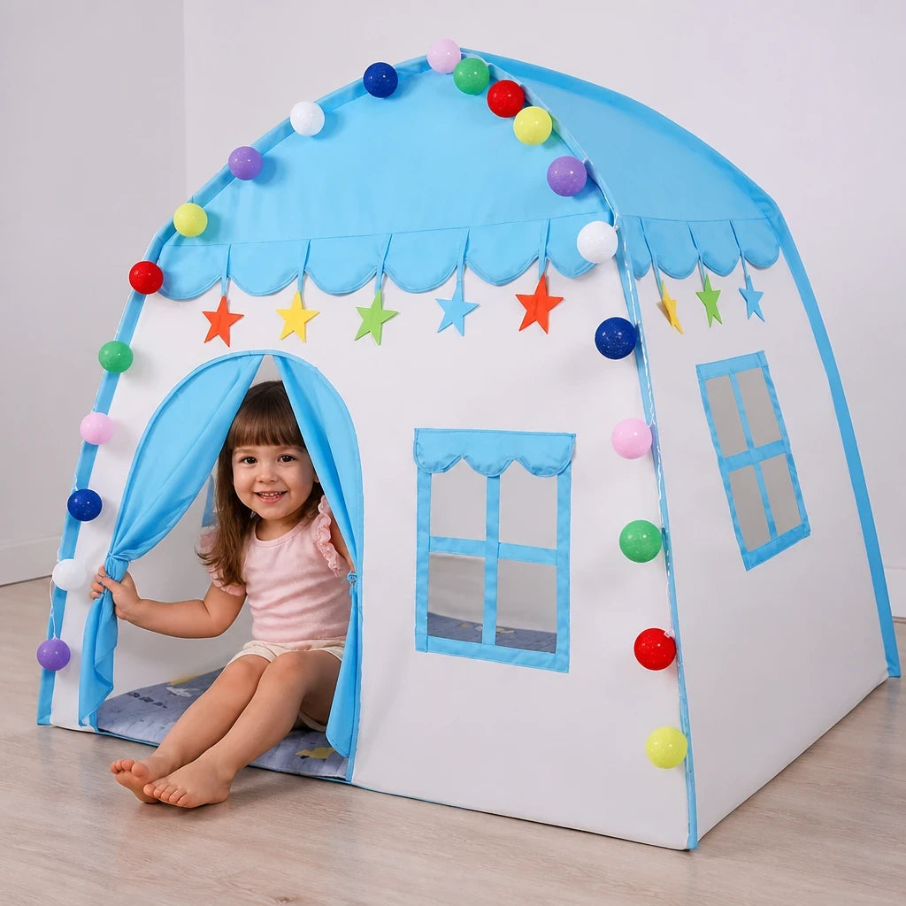Cabana infantil dobrável azul e branca confortável e segura para brincar e decorar ambientes