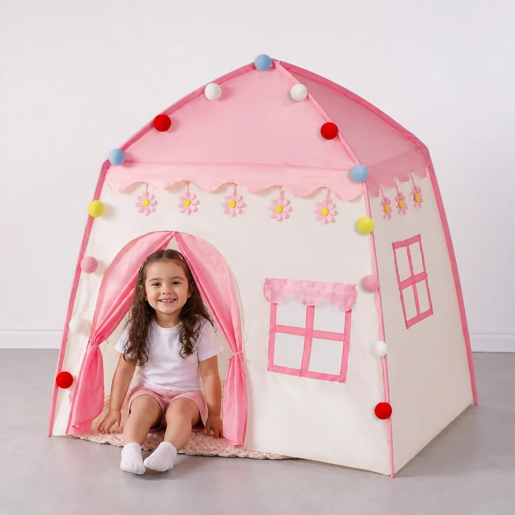 Cabana infantil dobrável rosa em uso, confortável para brincar e decorar áreas internas e externas
