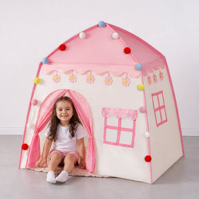 Cabana infantil dobrável rosa em uso, confortável para brincar e decorar áreas internas e externas