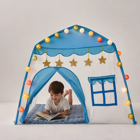 Cabana infantil dobrável azul com tapete acolchoado e luzes decorativas, confortável e segura para brincadeiras e leitura