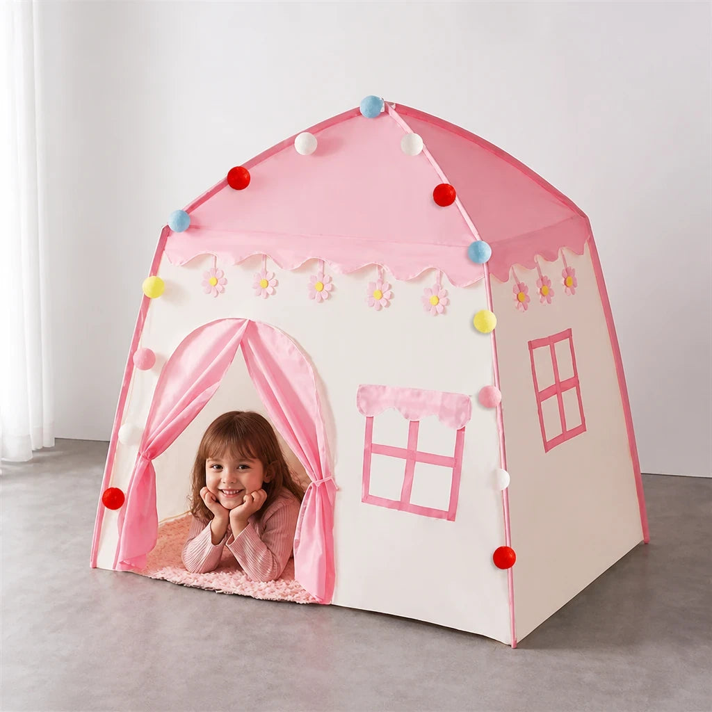 Cabana infantil dobrável rosa e branca, confortável e segura para brincar e decorar ambientes familiares