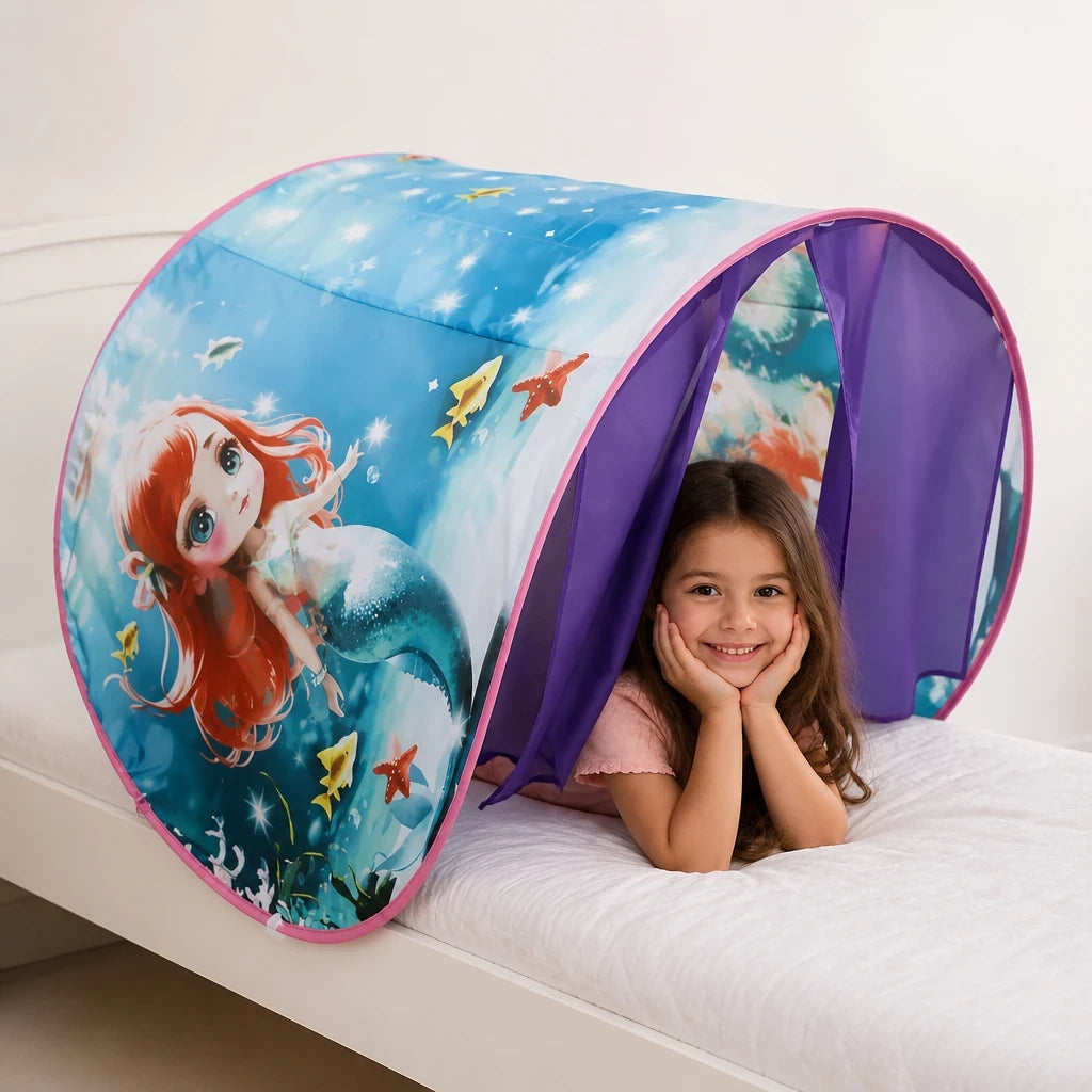 Cabana infantil tema sereia, tenda confortável e segura para cama, diversão e sono dos pequenos