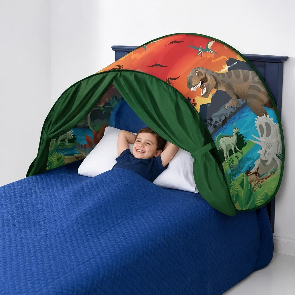 Cabana infantil tenda com luzes, dobrável e confortável para cama, cria espaço seguro e aconchegante