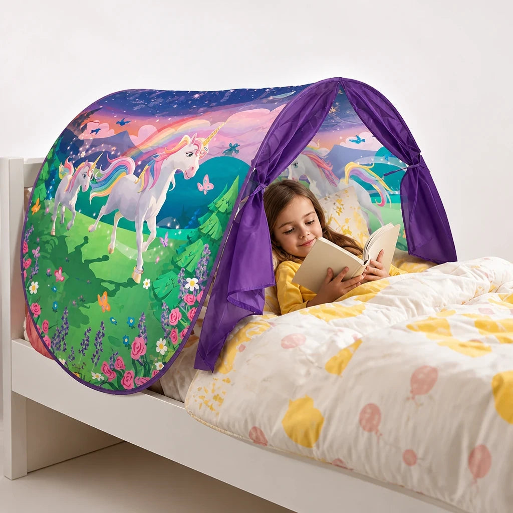 Cabana infantil com estampa de unicórnio e luzes, tenda dobrável para cama, confortável e segura