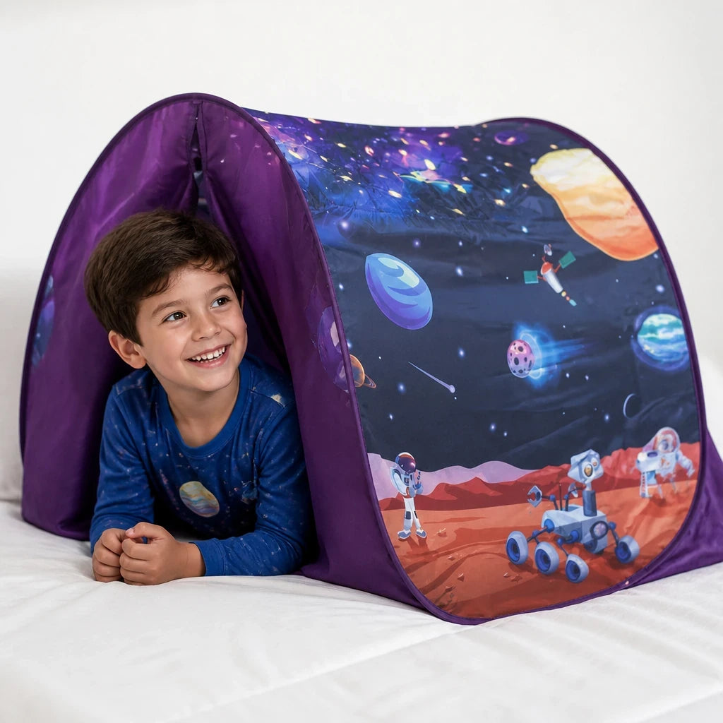 Cabana infantil temática espacial dobrável com luzes, conforto e segurança para horas de brincadeira e sono dos pequenos