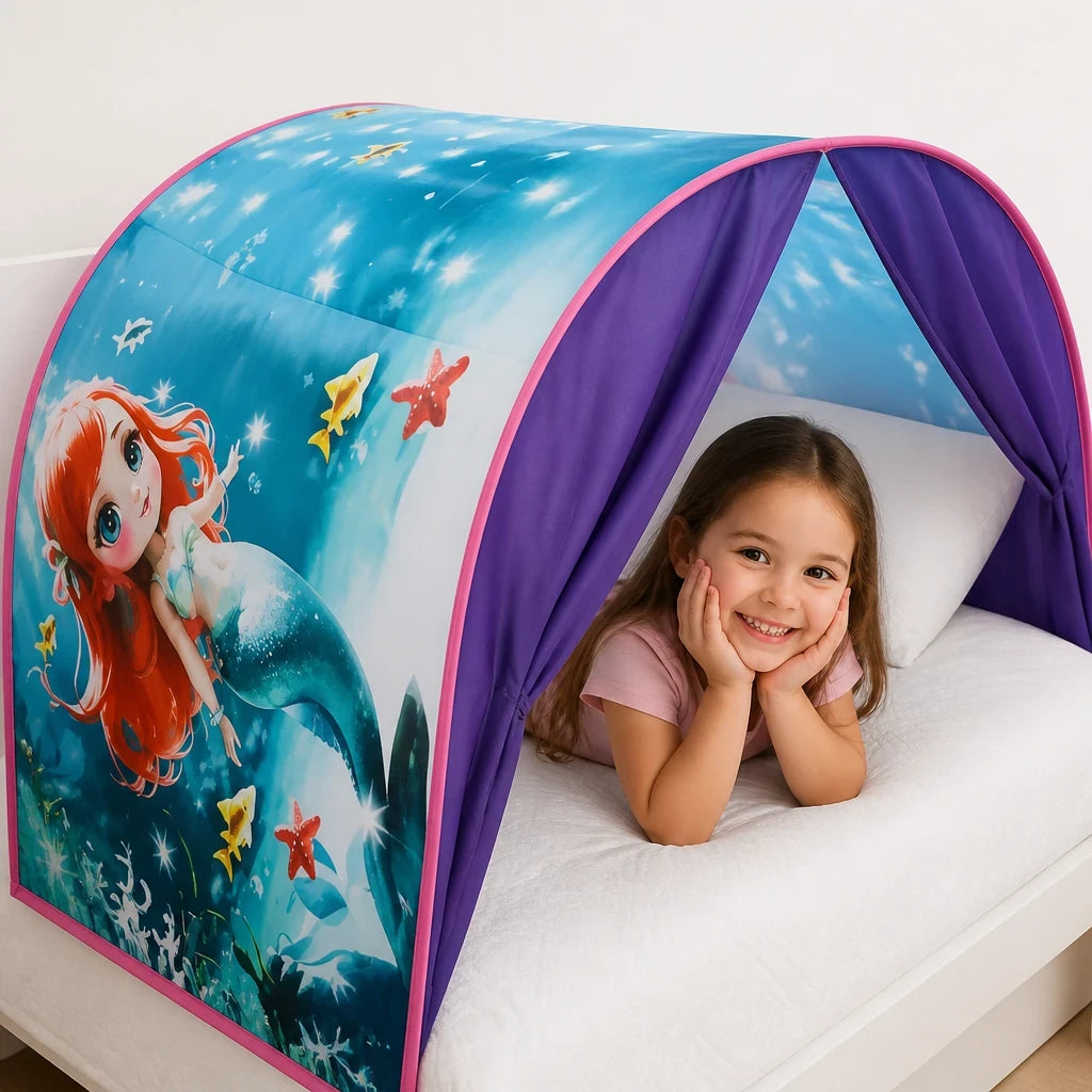Cabana infantil tenda de sonho com luzes, cama dobrável confortável e segura para noites mágicas