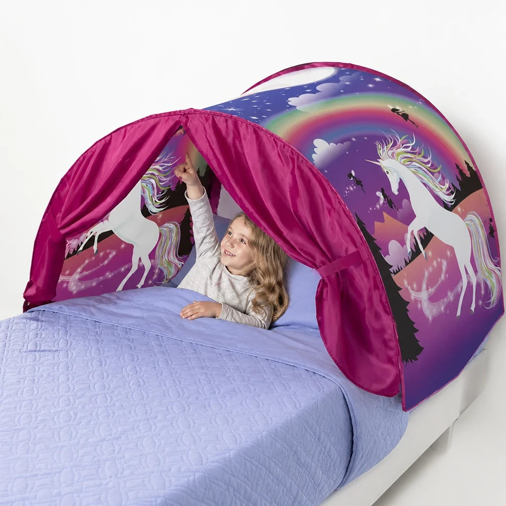 Cabana infantil unicórnio com show de luzes para cama dobrável, aconchegante e segura