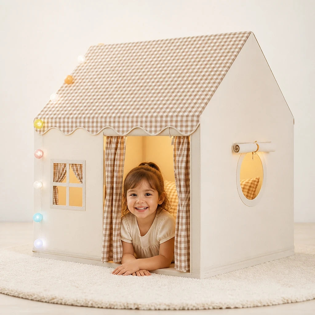 Cabana infantil xadrez bege, tenda dobrável espaçosa e segura para brincar em casa com conforto e estilo