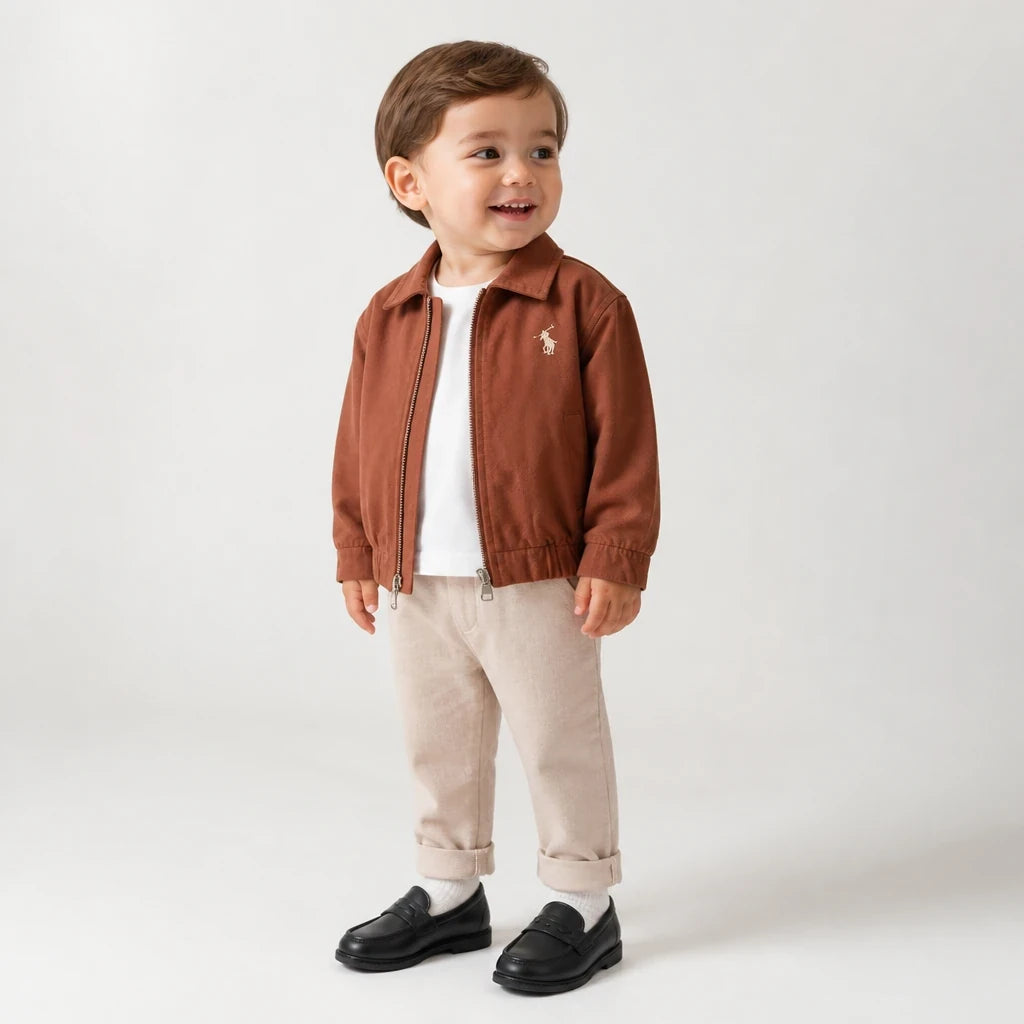Conjunto de moletom infantil com casaco marrom de algodão e zíper, confortável, durável e cheio de estilo para o dia a dia