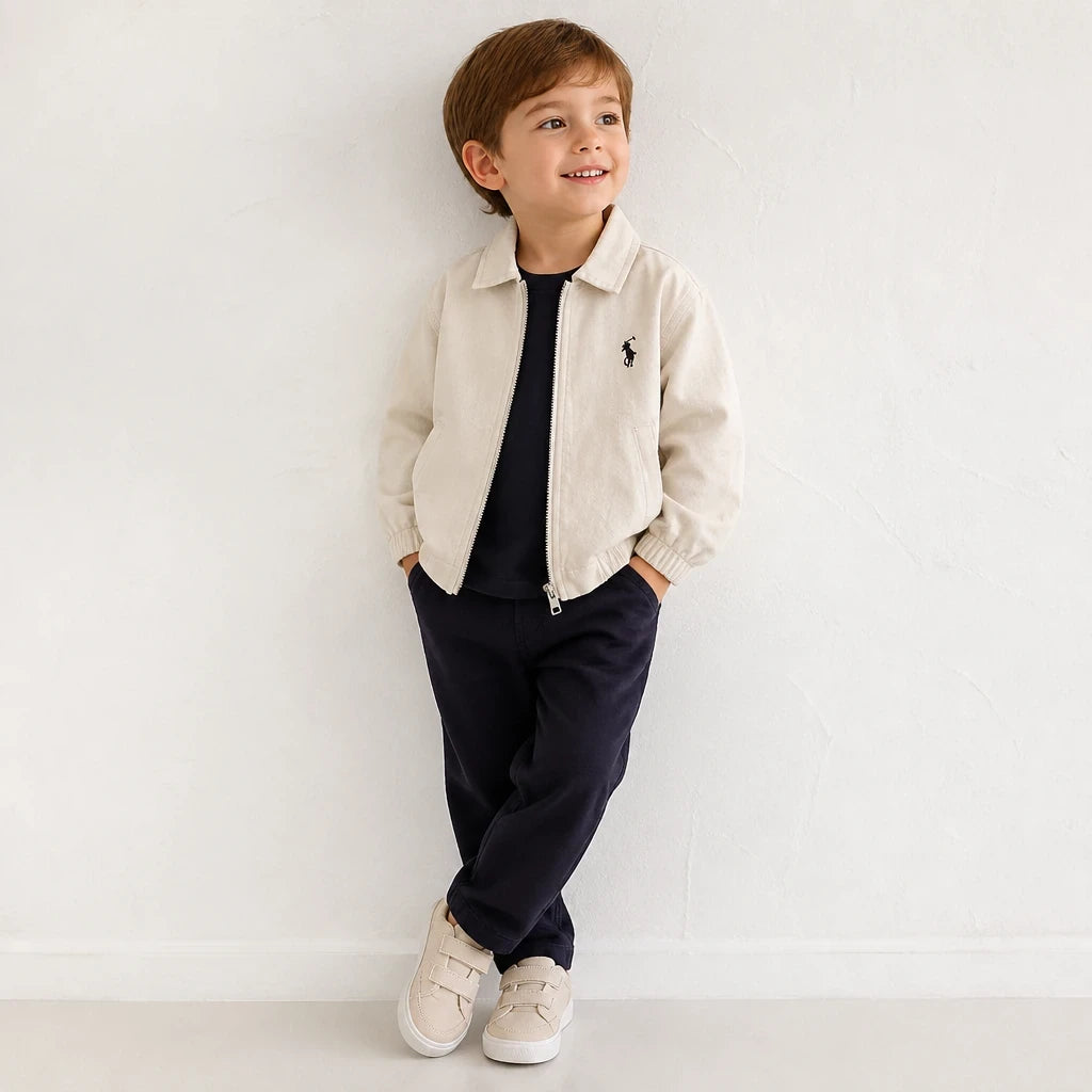 Conjunto de moletom infantil com casaco de algodão e zíper, confortável, seguro e estiloso para mães, pais e avós