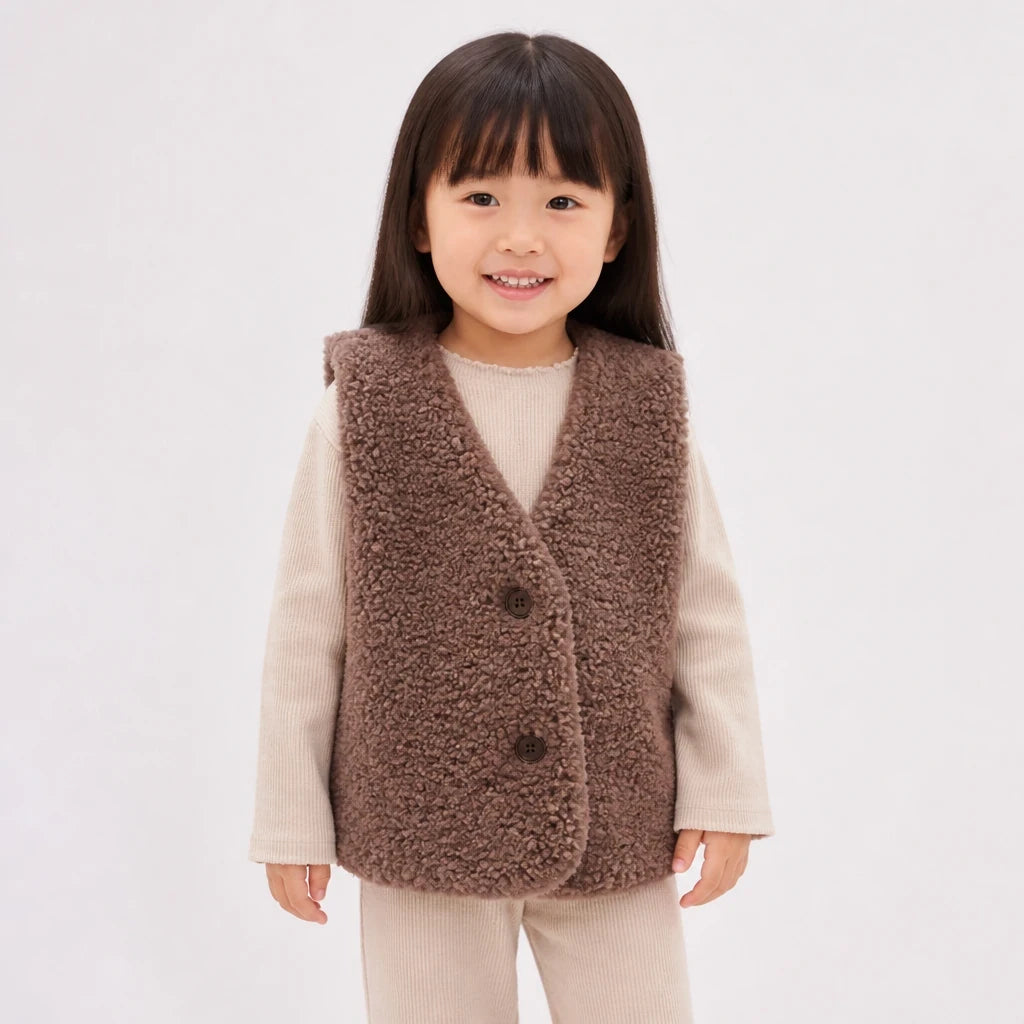Conjunto de moletom infantil com colete de pelúcia decote V, quentinho e confortável para crianças
