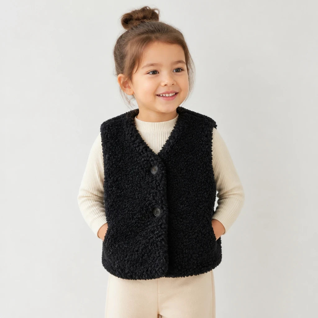 Colete de pelúcia com decote em V, quentinho e confortável, perfeito para combinar com conjunto de moletom infantil