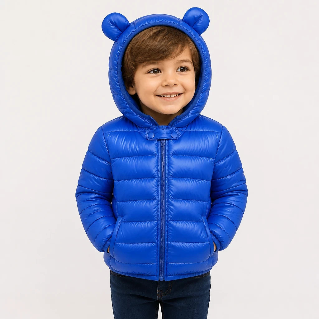 Casaco acolchoado com capuz e orelhas, quente e prático para combinar com conjunto de moletom infantil