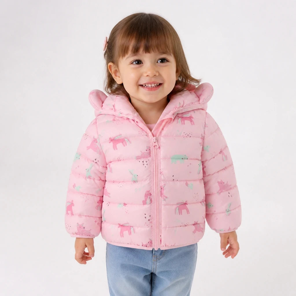 Casaco acolchoado rosa com capuz e zíper fácil de vestir conforto térmico e estilo prático em conjunto de moletom infantil