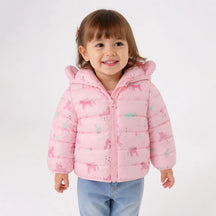 Casaco acolchoado rosa com capuz e zíper fácil de vestir conforto térmico e estilo prático em conjunto de moletom infantil
