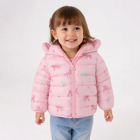 Casaco acolchoado rosa com capuz e zíper fácil de vestir conforto térmico e estilo prático em conjunto de moletom infantil