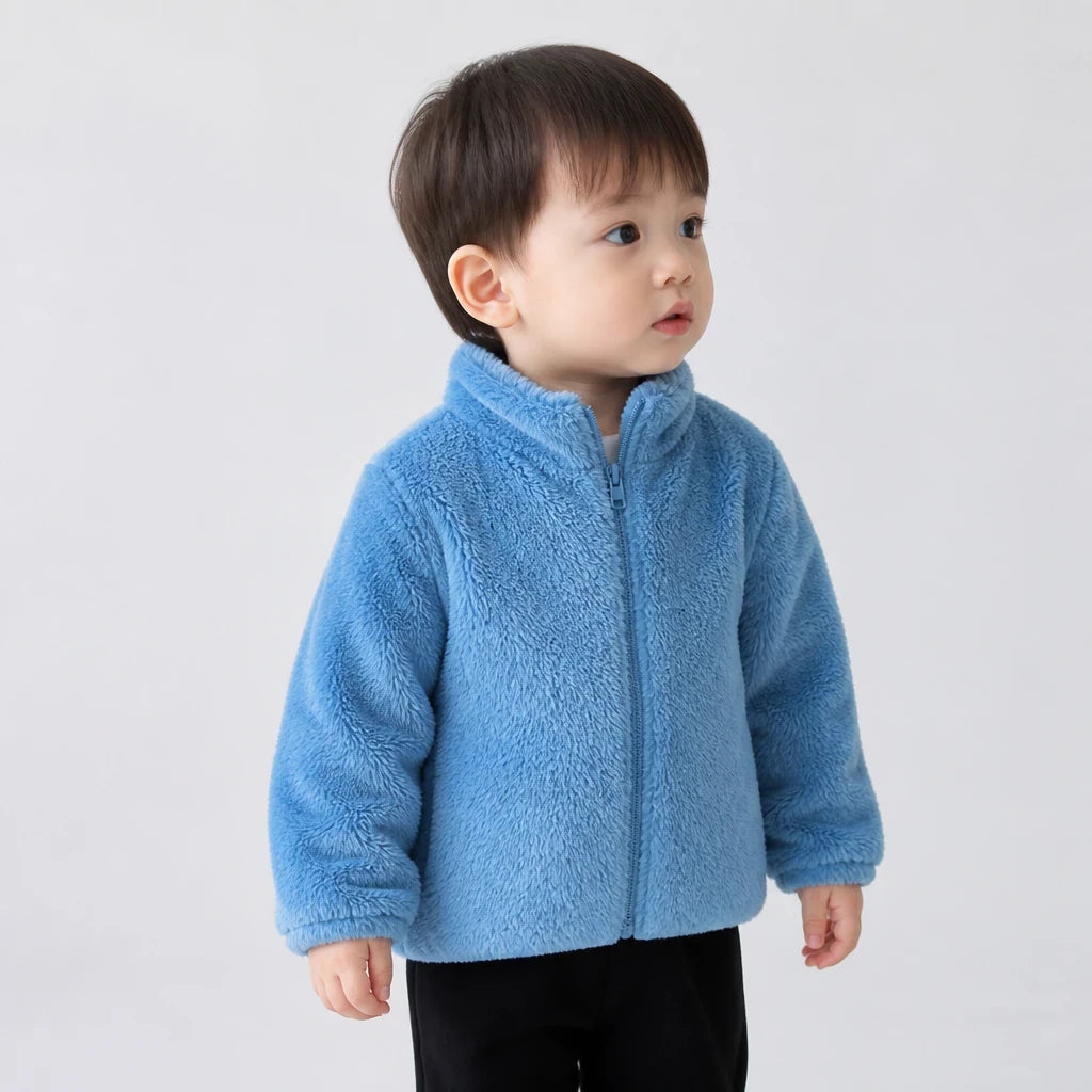 Conjunto de moletom infantil com casaco pelúcia azul e zíper prático, maciez e conforto para o dia a dia
