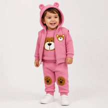 Conjunto de moletom infantil rosa 3 peças em algodão grosso, quentinho e confortável para o frio
