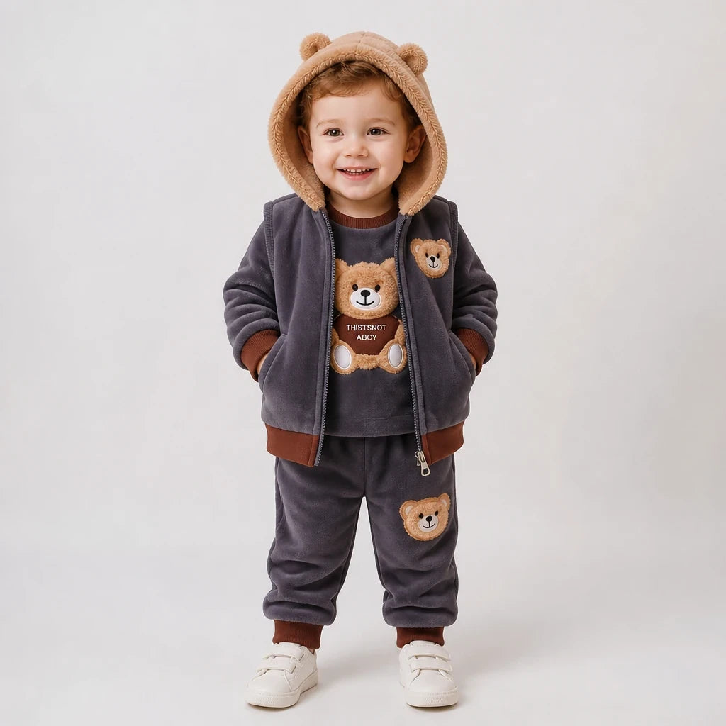 Conjunto de moletom infantil 3 peças em algodão grosso, quentinho e confortável com capuz ursinho