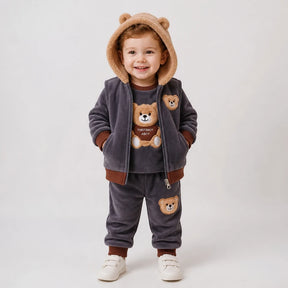 Conjunto de moletom infantil 3 peças em algodão grosso, quentinho e confortável com capuz ursinho