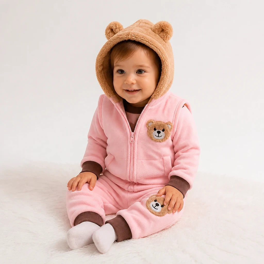 Conjunto de moletom infantil rosa com capuz de orelhas e ursinho, quentinho, confortável e durável para bebês