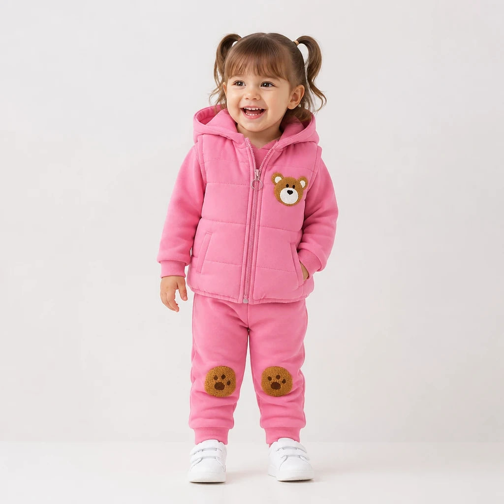 Conjunto de moletom infantil rosa 3 peças em algodão grosso, quente e confortável com aplique de ursinho, ideal para o frio