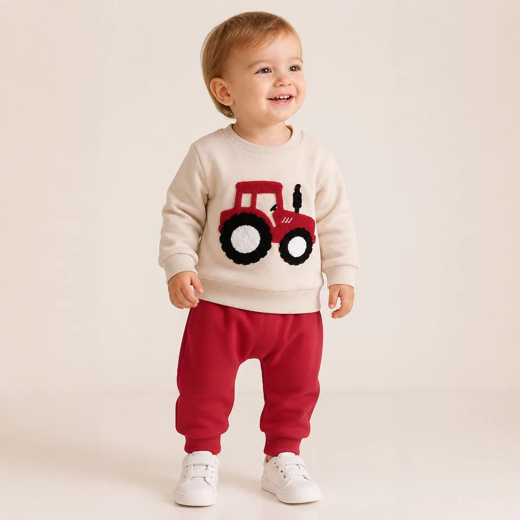 Conjunto de moletom infantil com bordado de trator, calça confortável e resistente ideal para brincar