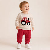 Conjunto de moletom infantil com bordado de trator, calça confortável e resistente ideal para brincar