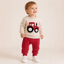 Conjunto de moletom infantil com bordado de trator, calça confortável e resistente ideal para brincar