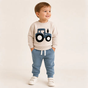 Conjunto de moletom infantil com bordado de trator, calça confortável e resistente ideal para brincar com estilo
