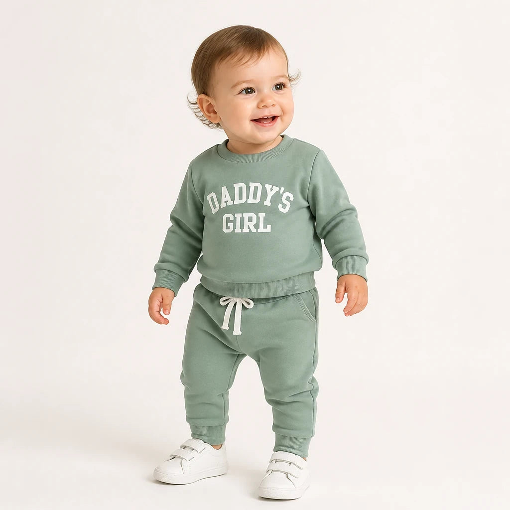 Bebê usando conjunto de moletom infantil verde com estampa de letras e cintura elástica confortável para outono