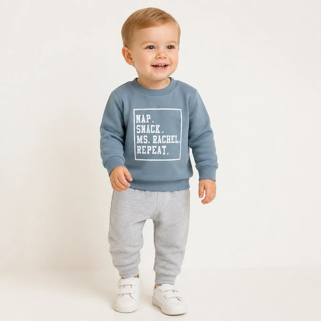Conjunto de moletom infantil em algodão macio manga longa azul com calça cinza confortável e estiloso para o outono