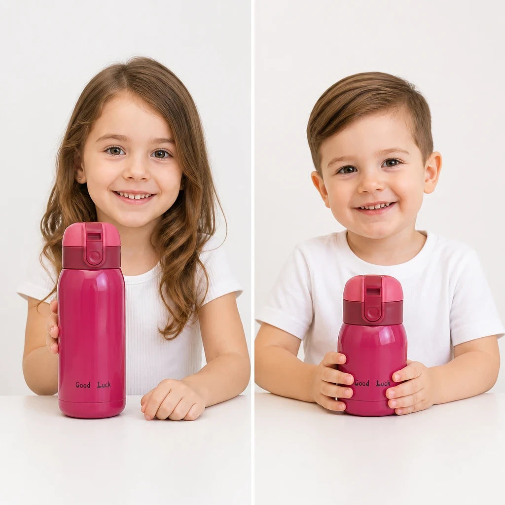 Copo térmico infantil inox rosa, portátil e seguro para água e suco, ideal para levar no organizador de brinquedos